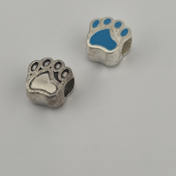 Set of 2 Dog Paw European Charm Beads Silver Tone Blue Enamel Pet Jewelry - Picture 2 of 3